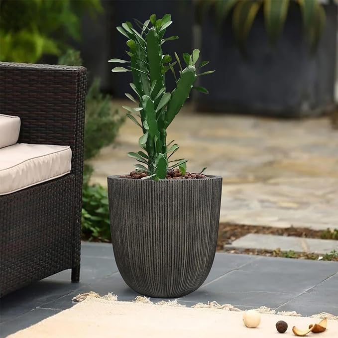 Vintage Black Faux Cement Ribbed Planter, 14.8"H Tall Tapered Egg-Shaped Plastic Plant Pot with Drainage Hole & Plug, Large Modern Indoor Outdoor Flower Pot for Home, Garden, Patio and Houseplants