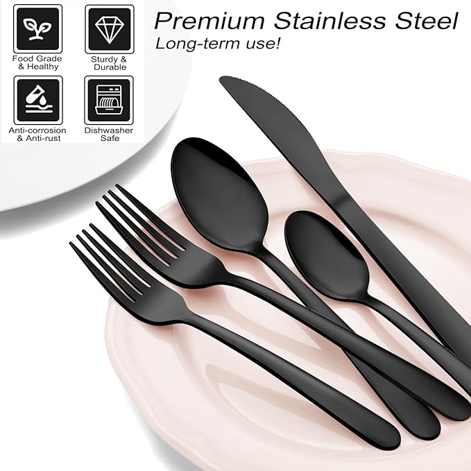 Pleafind 72Pcs Black Silverware Sets for 12 - Dishwasher Safe, Flatware Set with Steak Knives, Stainless Steel Cutlery Set, Include Forks Spoons and Knives Set, Utensil Sets for Home Restaurant
