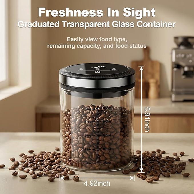 Vacuum Coffee Canister, One-touch Operation with Display, Standby Time Over 4500H, Vacuum Coffee Canister Suitable for Grain/Sugar/Tea Leaves/Flour, 1.2L Capacity with Large Feed Opening