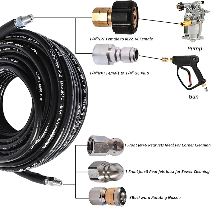 Sewer Jetter Kit for Pressure Washer 4000 PSI Drain Cleaner Hose 1/4 Female NPT,Button Nose,Pressure Washer Adapter,Button Hose Sewer Jetting Nozzle Pearl Corsage Pin Waterproof Tape with 2 Spanner