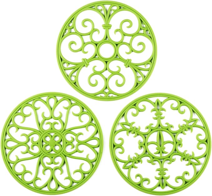 Silicone Trivet Mat - Non-Slip & Heat Resistant Kitchen Hot Pads for Countertops & Table - Kitchen Trivets for Hot Dishes & Cookware - Hot Pot Holder for Pots & Pans - Green,Set of 3