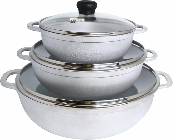 IMUSA 1.5, 2.5 & 5.2 Qt Cast Aluminum Caldero 3 Piece Set with Glass Lid | Polished Finish, Glass Lid with Riveted Handles, Ideal for Rice and Stews, Perfect for Serving Medium and Small Groups