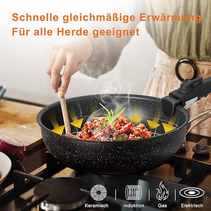 DUMOS 12 Pcs Pots and Pans Set, Nonstick Kitchen Cookware Set, Induction Cooking Sets Detachable Handle, Black