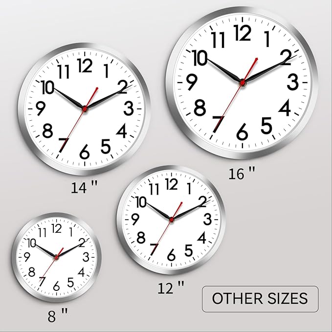 AKCISOT 10 Inch Wall Clock, Battery Operated Analog Clock, Silent Non-Ticking, Ideal for Bedroom, Bathroom, Kitchen, Office and School, Silver