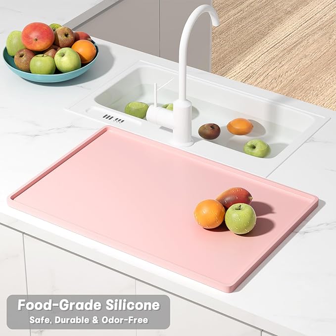 Rnivvi Silicone Coffee Mat, 16" x 24" Waterproof Raised Edge Coffee Bar Mats for Espresso Machine Station Accessories, Heat Resistant Dish Drying Pad for Kitchen Counter, Rubber Bar Decor Pad, Pink