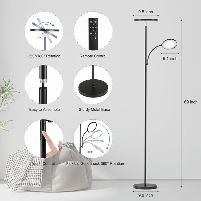 SUNMORY Floor Lamps for Living Room, 48W/4200LM Super Bright LED Floor Lamp with Remote Control, 69" Tall Standing Lamp with Stepless Dimmable, Modern Torchiere Reading Lamp for Bedroom, Office