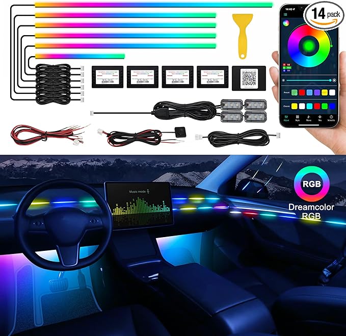 Dreamcolor Acrylic Interior Car LED Strip Light with Wireless APP, RGB 10 in 1 with 175 inches 593 LEDs Fiber Optic Ambient Lighting Kits, 16 Million Colors Sound Active Function Car Neon Lights