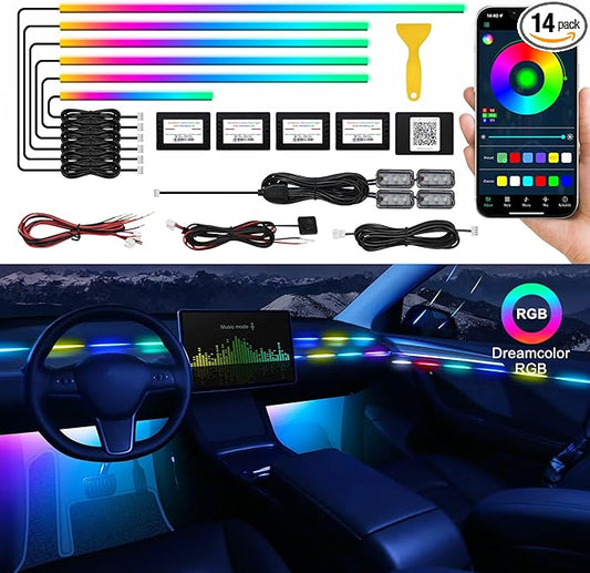 Dreamcolor Acrylic Interior Car LED Strip Light with Wireless APP, RGB 10 in 1 with 175 inches 593 LEDs Fiber Optic Ambient Lighting Kits, 16 Million Colors Sound Active Function Car Neon Lights