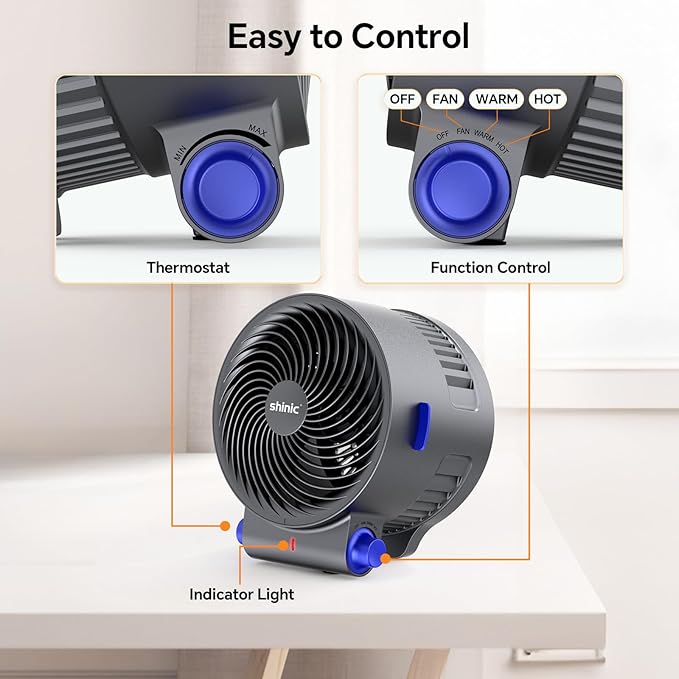 shinic Desk Fan and Heater Combo, Portable Cooling Air Circulator Fan, Tip-Over & Overheat Protection, Turbo Fan Space Heater Combo for Indoor Use Office, Bedroom, Living Room, ETL Listed