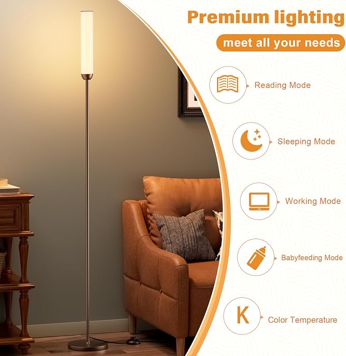 Ambimall LED Floor Lamp with Remote Control, 65" Standing lamp with Stepless Adjustable 3000K-6500K Colors & 30-100% Brightness, Foot Switch(Brown)