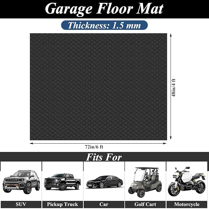 4 x 6 FT Garage Floor Mat, 1.5mm Thick Diamond Plate PVC Garage Flooring, Waterproof Trailer Mat Floor Protection for Home, Gym, Garage, and Vehicles - Black