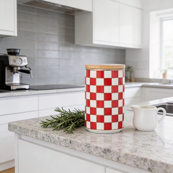Kitchen Countertop Ceramic Checkered Canisters,Black And White Food Storage Containers With Lid,Airtight Kitchen Canisters for Flour, Sugar, Coffee, Tea, and Dry Goods (Red, Large)