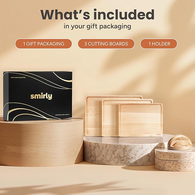 SMIRLY Wood Cutting Boards for Kitchen Wooden Chopping Board Set Reversible with Deep Juice Grooves Grip Handles, Large Charcuterie Tray for Home Kitchen, Natural Birch, 3Pcs with Holder