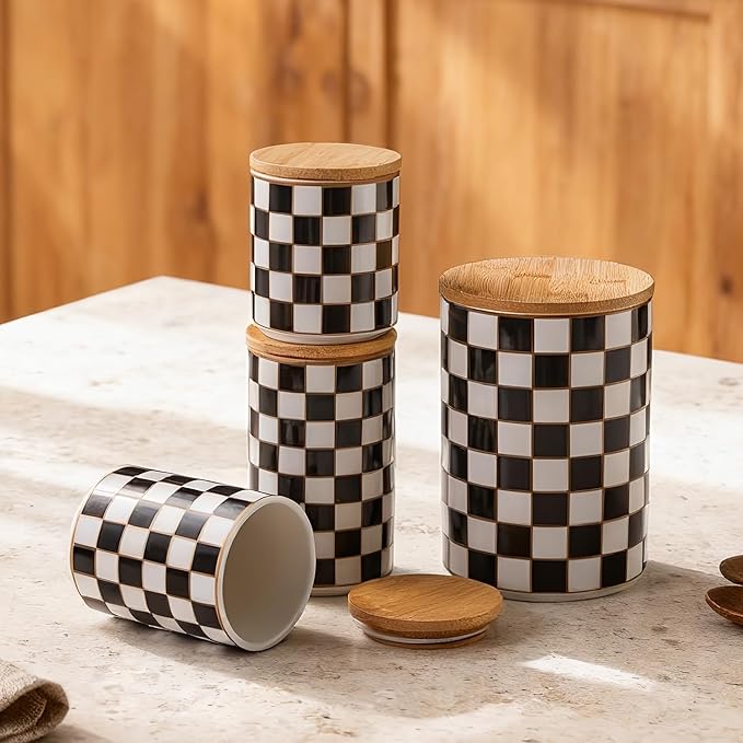 Kitchen Countertop Ceramic Checkered Canisters,Black And White Food Storage Containers With Lid,Airtight Kitchen Canisters for Flour, Sugar, Coffee, Tea, and Dry Goods (Black, XL)