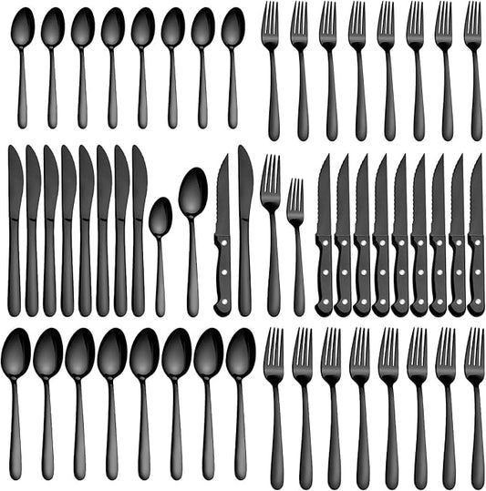 Pleafind 48-Pieces Black Silverware Sets for 8, Flatware Set with Steak Knives, Stainless Steel Cutlery Set, Include Forks Spoons and Knives Set, Dishwasher Safe Utensil Sets for Home Restaurant