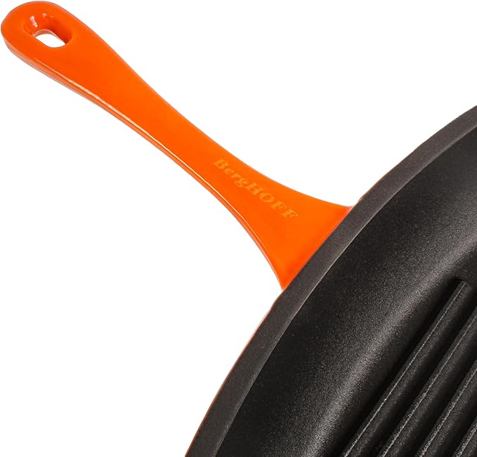 BergHOFF Neo 4Pc Enameled Cast Iron Cookware Set, Grill Pan 11 inches, Fry Pan 10 inches, 3qt. Dutch Oven, Matching Lid, Fast, Evenly Heat, Oven Safe (Orange)