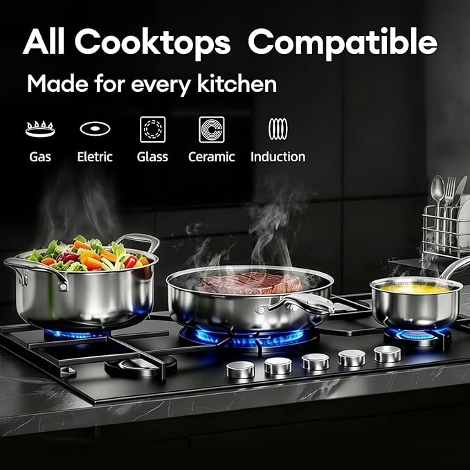 Hybrid Stainless Steel Cookware Set, 7pcs Pots and Pans Set Non Stick | Non-Toxic, Induction Compatile, Oven and Dishwasher Safe, PFOA Free, Stay-Cool Handles