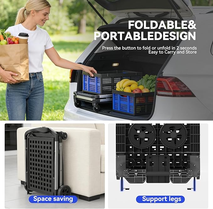 Collapsible Shopping Cart with Wheels,2 Tier Multi Use Foldable Shopping Cart with 2 Storage Crates,Folding Shopping Trolley Utility Cart for Office,Groceries, Warehouse,Supermarket,Picnic (Blue)