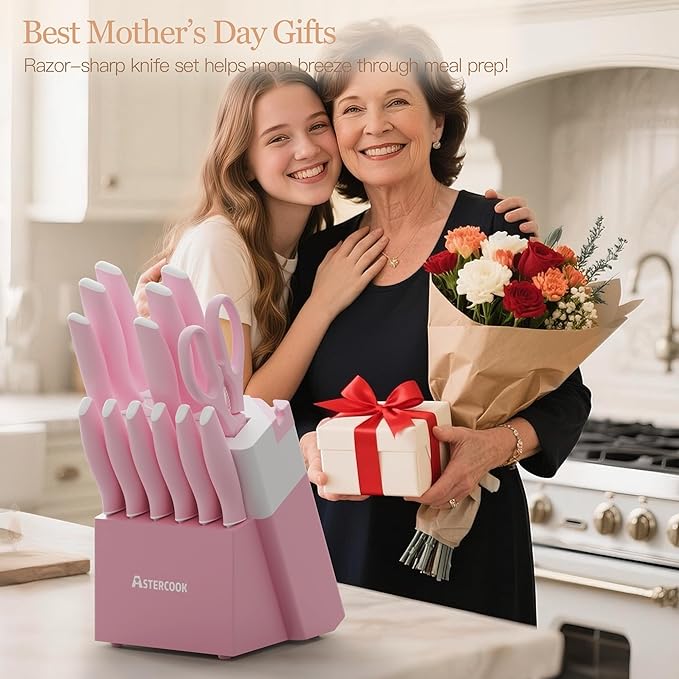 Astercook Knife Set, Kitchen Knives Set with Block and Sharpener 15 Pcs German Stainless Steel Knives Sharp Blade Dishwasher Safe Deba Knives with Ergonomic Handle, Crystal Pink Mothers Day Gifts