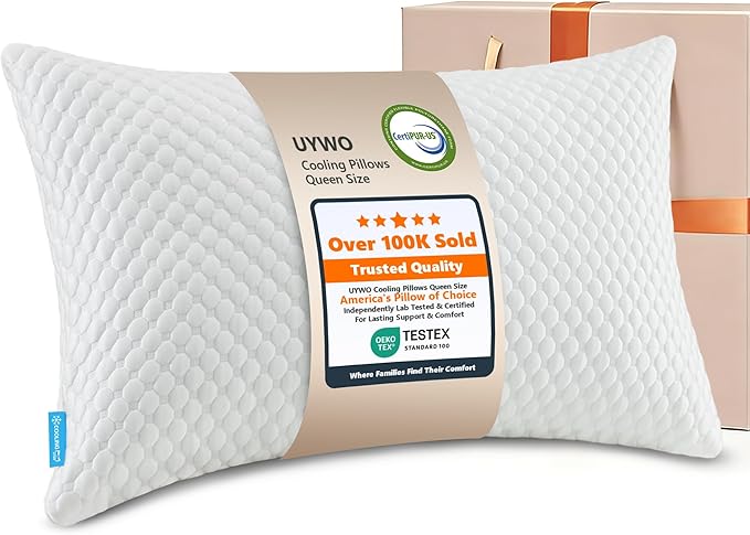 UYWO Cooling Memory Foam Pillows Firm and Soft, Queen Size 1 Pack, Original Adjustable Pillows for Side, Back or Stomach Sleepers with Removable Washable Cover