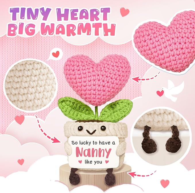 Cute Nanny Gifts, Mini Handmade Crochet Pink Heart Flower, Birthday for Nanny, Grandma Gift from Granddaughter or Grandson