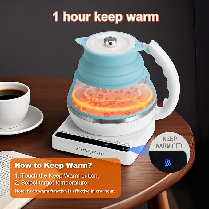 Ultrathin Food Grade Silicone Travel Foldable Electric Kettle Variable Temperature Control with Travel Bag, Dual Voltage & Auto Shut off & Boil Dry Protection & Keep Warm, 555ML 100-240V US Plug