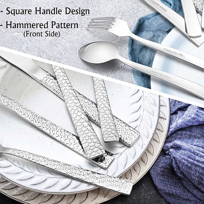 E-far 50-Piece Hammered Silverware Set, Stainless Steel Square Flatware Set Service for 10, Tableware Cutlery Set Includes Forks Spoons Knives, Modern Design & Mirror Polished - Dishwasher Safe