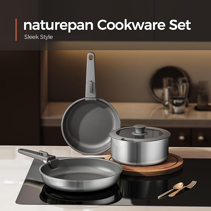5pcs Nonstick Cookware Set, Diamond-Titanium Ceramic Coating & 3 Layer Stainless Steel Pots and Pans Set with Detachable Handle, Dishwasher Safe, Induction Compatible, Oven Safe, Gray