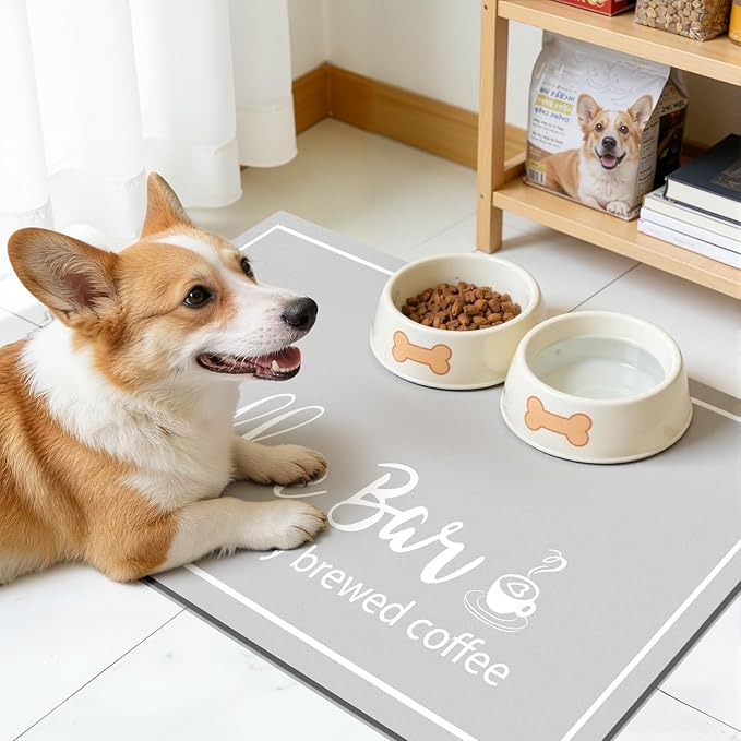 Findosom Dish Drying Mat, 16"x 24" Super Absorbent & Hide Stain Coffee Mat, Cuttable Drying Mat for Kitchen Counter, Coffee Bar Accessories, Under Dish Rack, Coffee Maker, Espresso Machine, LightGrey