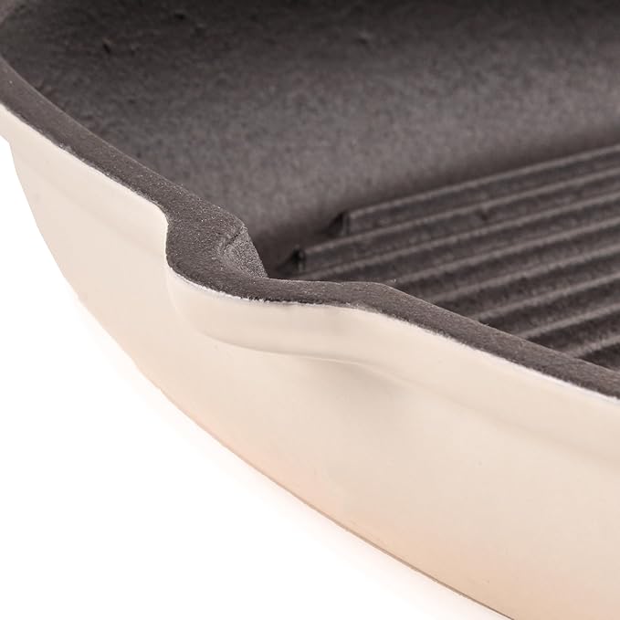 BergHOFF Neo 4Pc Enameled Cast Iron Cookware Set, Grill Pan 11 inches, Fry Pan 10 inches, 3qt. Dutch Oven, Matching Lid, Fast, Evenly Heat, Oven Safe (Meringue)