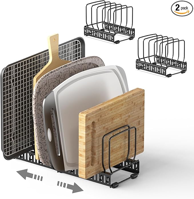 HzTinT 2PACK Cutting Board Organizer, Adjustable Divider Cutting Board Holder with Anti-slip Pads, Kitchen Cabinet Organizer for Baking Cookie Sheet Pan Bakeware Cookie, Black