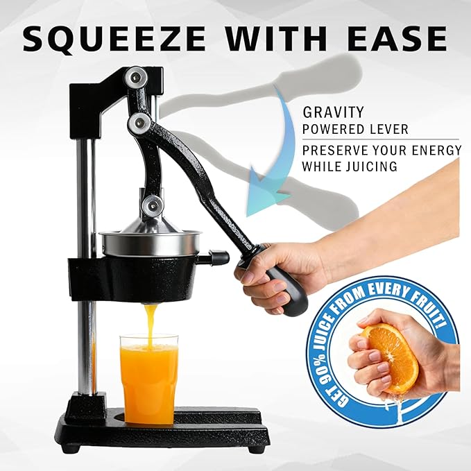 Juicer Manual Cast Iron Citrus Juicer, Heavy-Duty Orange Lemon Squeezer, Extra-Large Commercial Citrus Press, Easy to Clean with Bonus Stainless Steel Cup (Black)