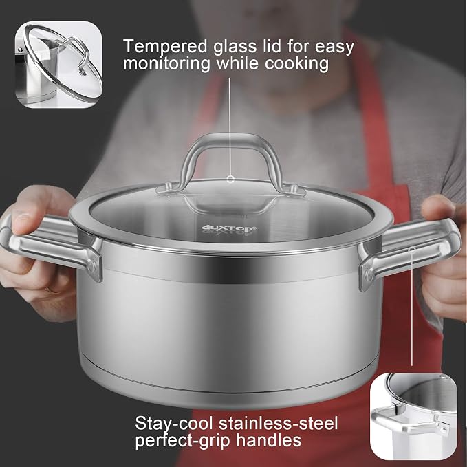 Duxtop Professional Stainless Steel Cookware Induction Ready Impact-bonded Technology (4.2Qt Stockpot) | Stockpot with Stay-Cool Handle, Impact-Bonded Base for Even Heating