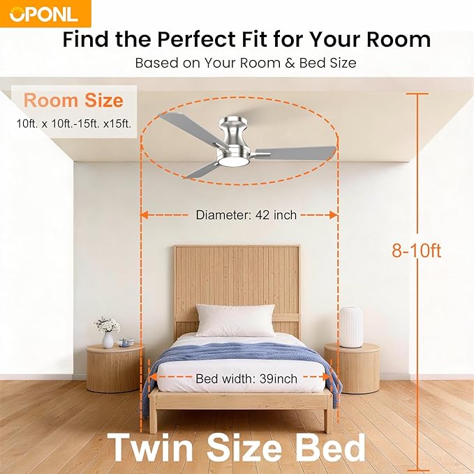 OPONL 42 Inch Nickel Ceiling Fan with Light, Remote Control, Noiseless, Reversible, 6CCT, Dimmable, Timeable, Metal Housing, Flush Mount Ceiling Fans with Lights for Bedroom, Indoor/Outdoor Use