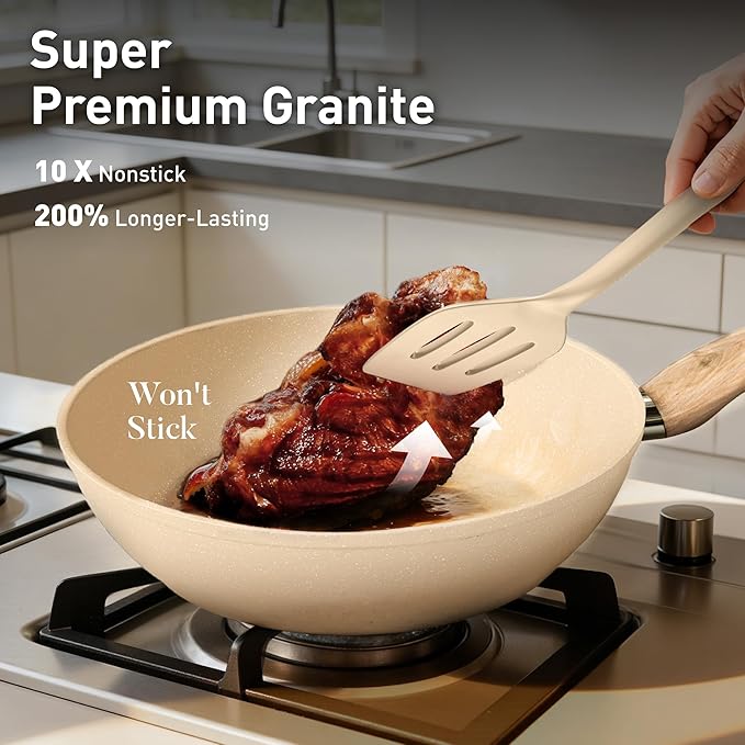 DisDelight Pots and Pans Set Non Stick, Granite Kitchen Cookware Sets for Cooking, Induction Frying Pan Set Nonstick, Cream White