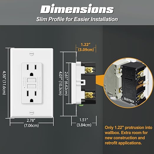 ELECTECK 2 Pack GFCI Outlets 15 Amp, Non-Tamper Resistant, Decor GFI Receptacles with LED Indicator, Ground Fault Circuit Interrupter, Wallplate Included, ETL Listed, White