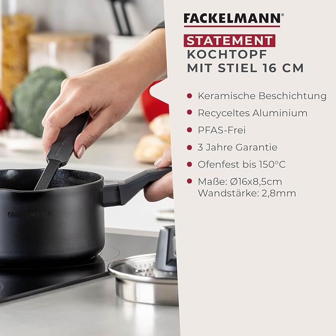 Fackelmann STATEMENT 16cm Cooking Pot, Recycled Aluminium, Non-Stick PFAS Free Ceramic Coating, Heat-Resistant Comfort Grip Handle, Glass Lid, All Stoves Including Induction, 32.5x16x8.5cm, Ash Grey