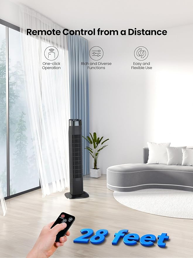 Uthfy Tower Fan with Remote, Portable 120° Oscillating Standing Fan, 3 Speeds & 3 Modes, 7.5H Timer, Fans That Blow Cold Air for Bedroom, Living Room, Office, Black