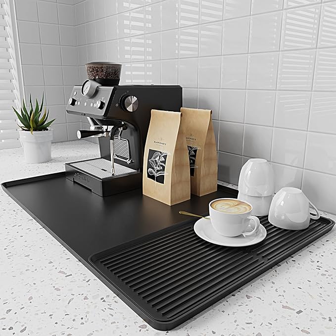 2-in-1 Coffee Mat & Dish Drying Mat Coffee Bar Mats for Countertop Coffees Matt for Counter Silicone Coffees Espresso Machine Station Mats Under coffe Maker Spill Matt Countertops Pot 24×16inch