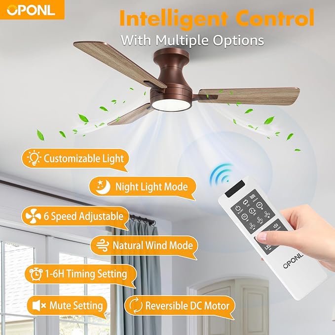 OPONL 42 Inch Brown Ceiling Fan with Light, Remote Control, Noiseless, Reversible, 6CCT, Dimmable, Timeable, Metal Housing, Flush Mount Ceiling Fans with Lights for Bedroom, Indoor/Outdoor Use