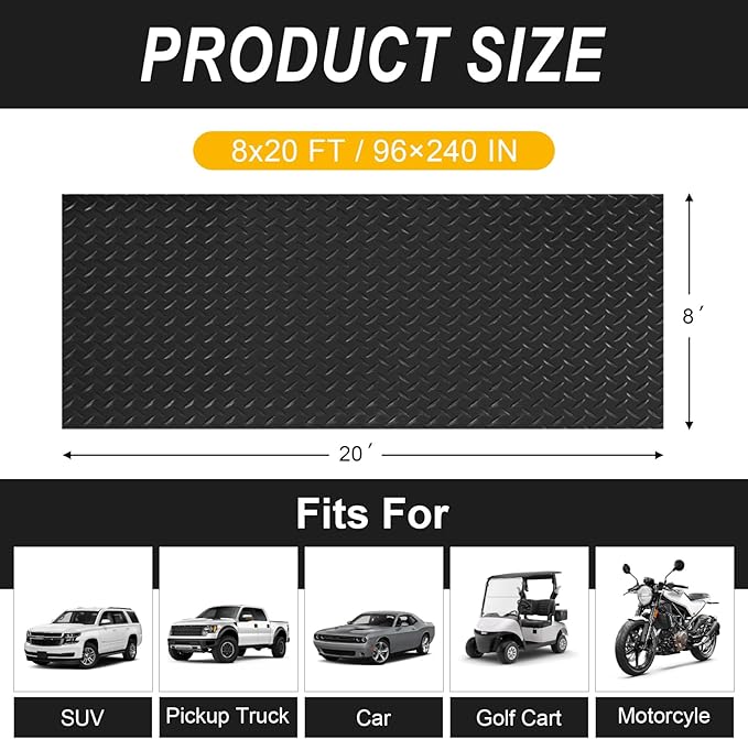Grandroad auto 8x20 FT Garage Floor Mat, 2.8mm Thickened Flooring Roll for Under Car Diamond Plate PVC Rubber Mat with 20 Pcs Tapes, Non-Slip Floor Mat for Garage, Warehouse, Gyms, Trailer, Black