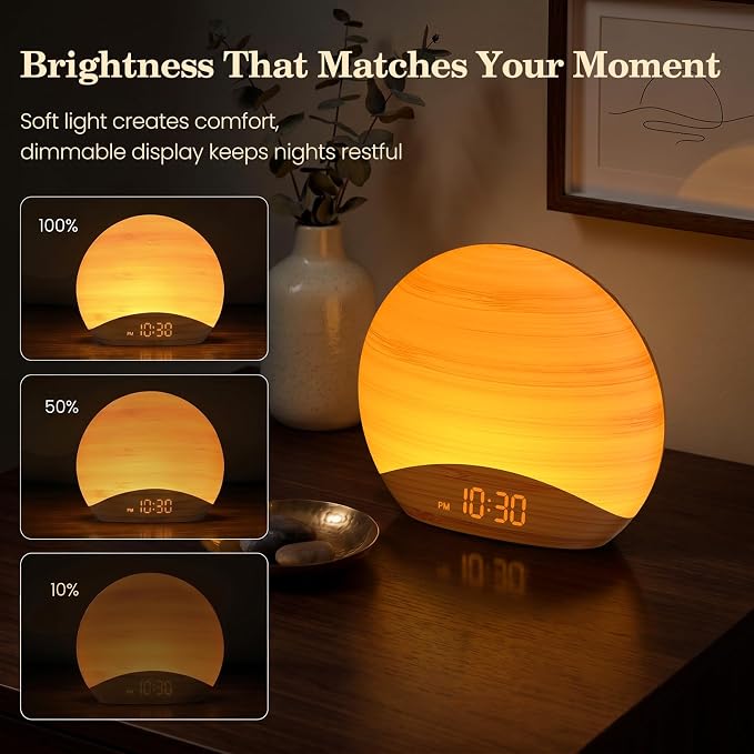 REACHER Natural Wood Grain Sound Machine Sunrise Alarm Clock，26 Nature Inspired Sleeping Sounds, 0-100% Dimmable Clock, Night Light,Brown/Pink/White Noise Sound Machine for Babys, Kids, Adults