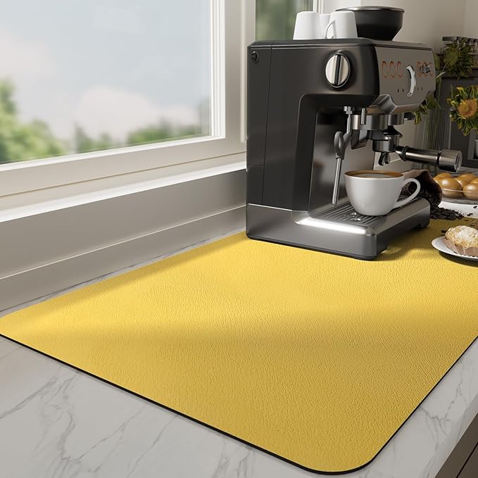 Ecotrim Absorbent Coffee Mat , Stain Hiding PU Leather Surface, Non-Slip Natural Rubber Backing, Quick Dry Mat for Espresso Machine, Kitchen Counter ,Yellow | 16" x 24"