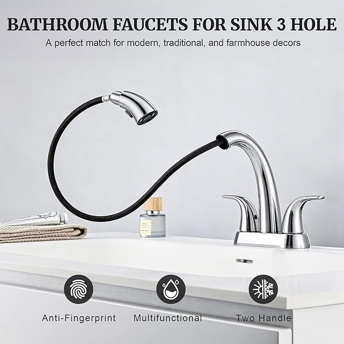 Ultimate Unicorn Chrome Bathroom Sink Faucet - 4 Inch Centerset Pull Down Vanity Faucets 3 Hole with Pop Up Drain - Two Handle Modern Washbasin Tap Set with Pull Out Sprayer for Rv Lavatory Restroom