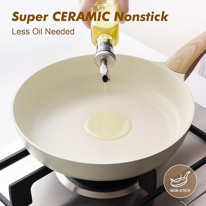 SENSARTE 8inch Ceramic Nonstick Frying Pan Skillet with Lid, White | Non Stick Omelet Pans, Non-toxic Healthy Kitchen Cooking Chefs Pan, PFOA/PFAS/PTFE Free, Induction Compatible