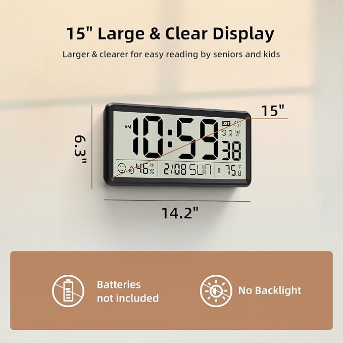 EASYERA 15'' Large Digital Atomic Wall Clock Battery Operated, Self-Setting | Indoor Temperature and Humidity, Large Display, Self-Setting,Auto DST,for Kitchen/Classroom/Living Room(Battery Not Included)