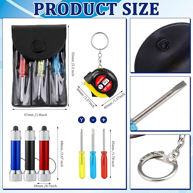 Jutom 63 Pcs Mini Tape Measure Keychain Screwdriver LED Light Keychain Bulk Men Adult Tool Party Gifts Prize for Man Father's Day Housewarming Gifts Adult Useful Tool Favors (Blue,Black,Red)