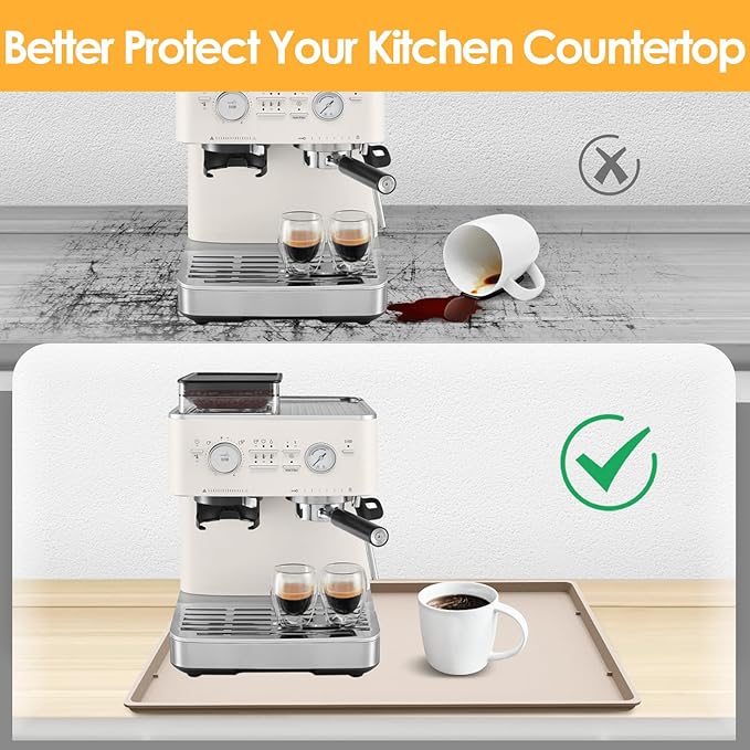 TOHONFOO Silicone Coffee Maker Mat with Lip, 19.7'' x 15'' Heavy Duty Coffee Maker Mat for Countertops, Coffee Tray Fit Under Coffee Machine Appliance Automatic Machines Espresso Accessory, Khaki