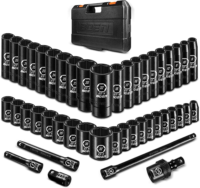 boen 45PCS 1/2” Drive Metric Socket Set, Impact Deep& Shollow Socket(9mm-32mm), 6 Point Lug Nut for Auto Repair with Portable Case, CR-V Steel