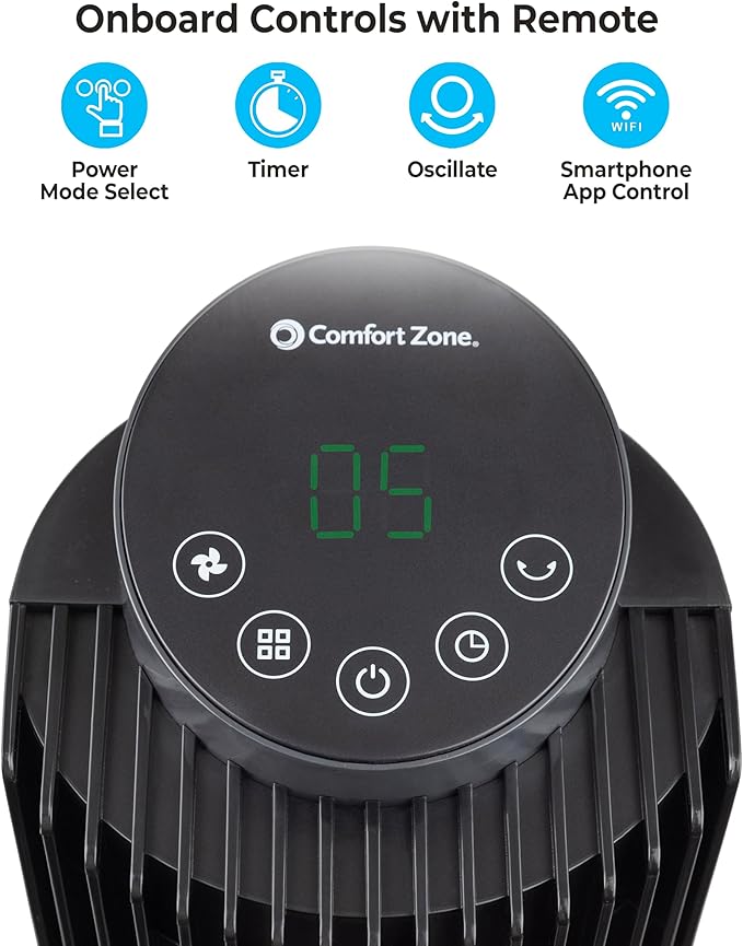 Comfort Zone 42-Inch Smart Wi-Fi Oscillating Tower Fan – 5 Speeds, 3 Modes, Adjustable 36–42" Height, Bladeless Quiet Standing Fan with Remote, 12H Timer & App Control for Bedroom, Home & Office